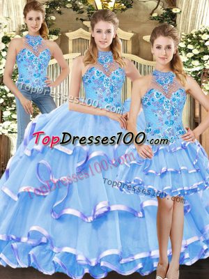 Blue Halter Top Neckline Embroidery and Ruffled Layers Quinceanera Dress Sleeveless Lace Up