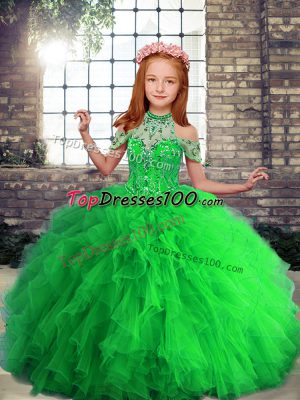 Sleeveless Tulle Floor Length Lace Up Pageant Dresses in with Beading and Ruffles