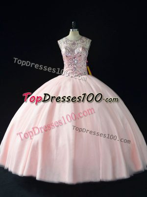 Most Popular Pink Ball Gowns Tulle Scoop Sleeveless Beading Floor Length Lace Up Sweet 16 Dresses