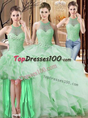 Lace Up Quince Ball Gowns Apple Green for Sweet 16 and Quinceanera with Beading and Ruffles Brush Train