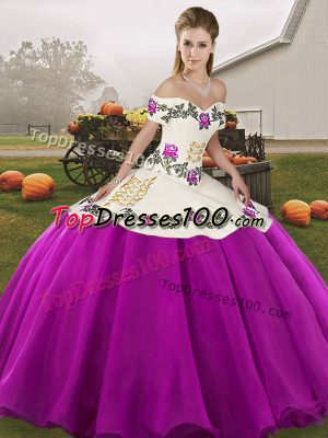 Elegant White And Purple Organza Lace Up Quince Ball Gowns Sleeveless Floor Length Embroidery