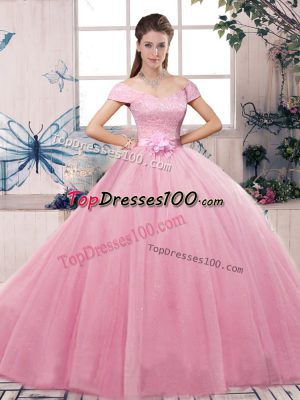 Rose Pink Lace Up Off The Shoulder Lace and Hand Made Flower Quince Ball Gowns Tulle Short Sleeves