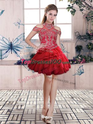 Inexpensive Red Lace Up Homecoming Dresses Beading and Ruffled Layers Sleeveless Mini Length