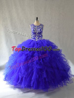 Royal Blue Scoop Neckline Beading and Ruffles 15 Quinceanera Dress Sleeveless Lace Up