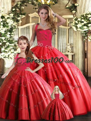 Nice Floor Length Red Sweet 16 Dress Tulle Sleeveless Appliques