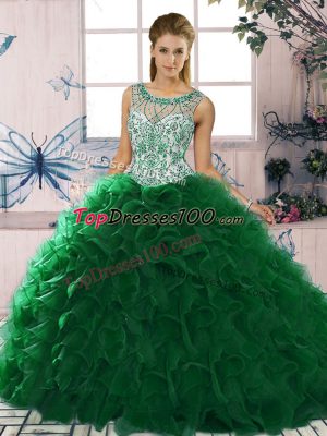 Modern Dark Green Scoop Lace Up Beading and Ruffles Quince Ball Gowns Sleeveless