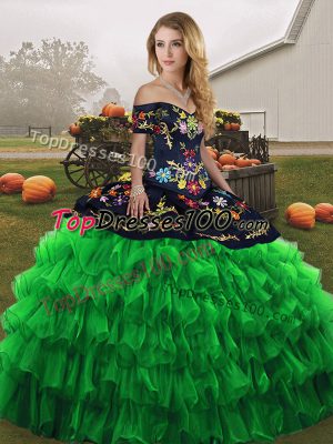 Pretty Floor Length Green Quinceanera Gowns Off The Shoulder Sleeveless Lace Up