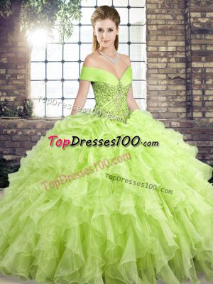 Yellow Green Ball Gowns Organza Off The Shoulder Sleeveless Beading and Ruffles Lace Up Quinceanera Gown Brush Train