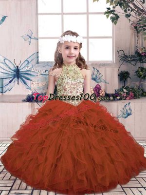 Custom Made Floor Length Rust Red Little Girl Pageant Gowns Tulle Sleeveless Beading and Ruffles