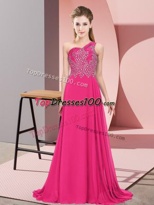 Flare Hot Pink Chiffon Side Zipper One Shoulder Sleeveless Floor Length Evening Dress Beading