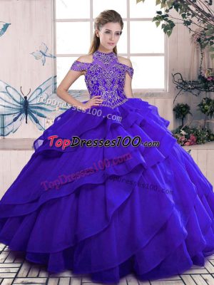 New Style Blue Sleeveless Floor Length Beading and Ruffles Lace Up Quinceanera Gown