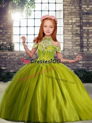 Enchanting Olive Green Sleeveless Floor Length Beading Lace Up Little Girl Pageant Dress