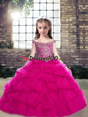 Fuchsia Off The Shoulder Lace Up Beading and Pick Ups Girls Pageant Dresses Sleeveless