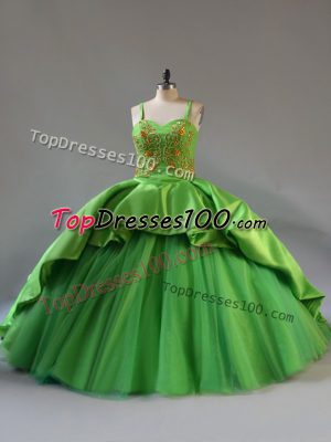 Green Lace Up Quinceanera Gown Beading and Embroidery and Pick Ups Sleeveless Court Train