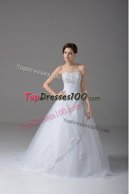 White Tulle Lace Up Strapless Sleeveless Bridal Gown Brush Train Beading and Lace