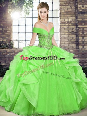 Pretty Ball Gowns Off The Shoulder Sleeveless Organza Floor Length Lace Up Beading and Ruffles 15 Quinceanera Dress
