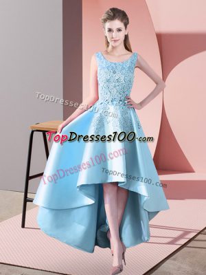 Best Selling Aqua Blue Satin Zipper Quinceanera Court Dresses Sleeveless High Low Lace