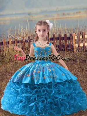 Hot Selling Embroidery Little Girls Pageant Dress Baby Blue Lace Up Sleeveless Sweep Train