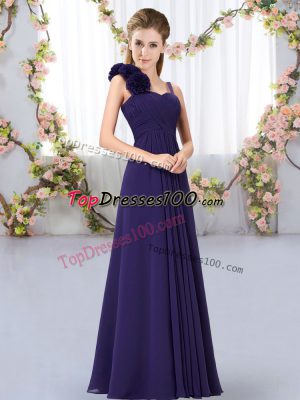 Purple Lace Up Straps Hand Made Flower Damas Dress Chiffon Sleeveless