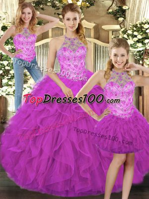 Modest Sleeveless Floor Length Beading and Ruffles Lace Up Quinceanera Gowns with Fuchsia