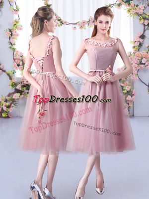 Sleeveless Tea Length Appliques and Belt Lace Up Vestidos de Damas with Pink