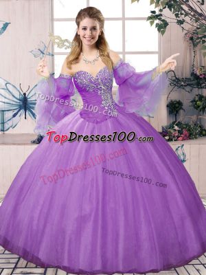 Floor Length Lavender Quinceanera Dresses Tulle Long Sleeves Beading