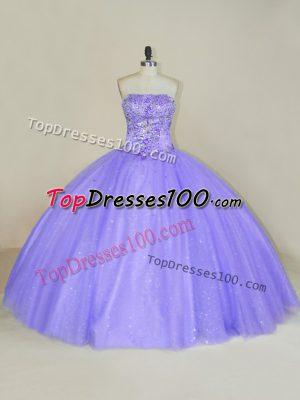 Fantastic Lavender Ball Gowns Sequins Quinceanera Gown Lace Up Tulle Sleeveless Floor Length
