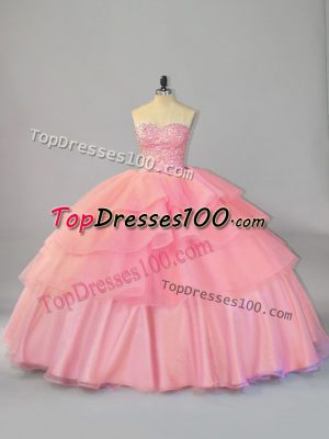 Sweetheart Sleeveless Organza 15th Birthday Dress Beading and Ruffles Brush Train Lace Up