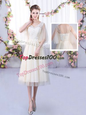 Colorful Champagne Lace Up Bridesmaid Dresses Lace Sleeveless Tea Length