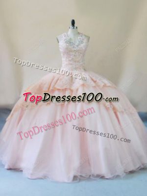 High Class Peach Halter Top Neckline Beading and Lace and Appliques Quinceanera Gowns Sleeveless Lace Up