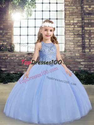 Hot Sale Floor Length Light Blue Child Pageant Dress Tulle Sleeveless Beading