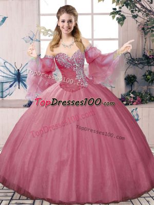 Pink Ball Gowns Tulle Sweetheart Sleeveless Beading and Ruching Floor Length Lace Up Sweet 16 Dress
