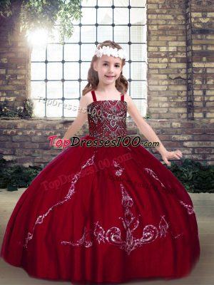 Wine Red Ball Gowns Tulle Straps Sleeveless Beading Floor Length Lace Up Pageant Dress for Teens