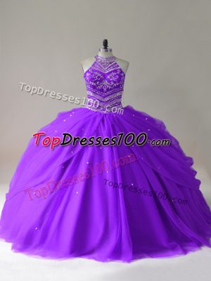Custom Fit Purple Lace Up Halter Top Beading Quince Ball Gowns Tulle Sleeveless