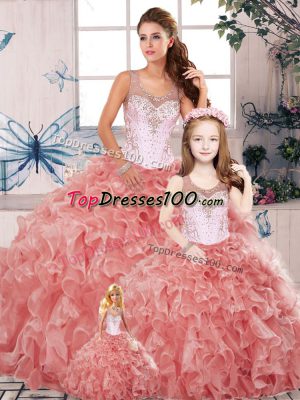 Customized Watermelon Red Sleeveless Organza Clasp Handle Quinceanera Gowns for Military Ball and Sweet 16 and Quinceanera