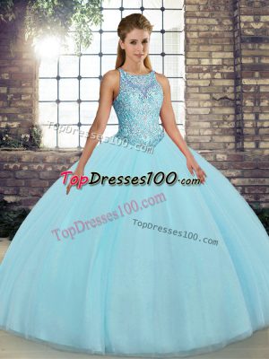 Best Selling Aqua Blue Ball Gowns Tulle Scoop Sleeveless Embroidery Floor Length Lace Up 15 Quinceanera Dress