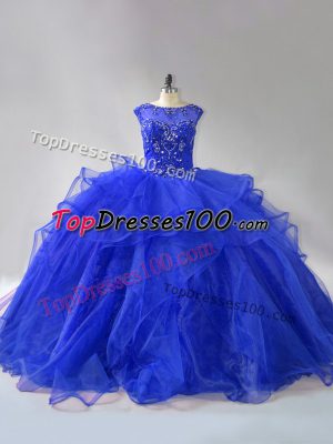 Brush Train Ball Gowns Sweet 16 Dresses Royal Blue Scoop Organza Sleeveless Lace Up