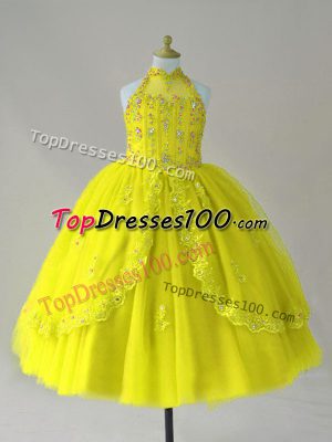 Yellow Ball Gowns High-neck Sleeveless Tulle Floor Length Lace Up Beading and Appliques Pageant Gowns For Girls