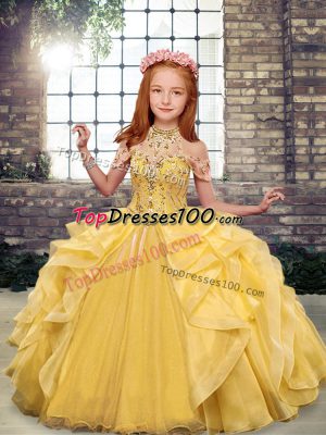 Ball Gowns Kids Pageant Dress Gold Scoop Organza Sleeveless Floor Length Lace Up