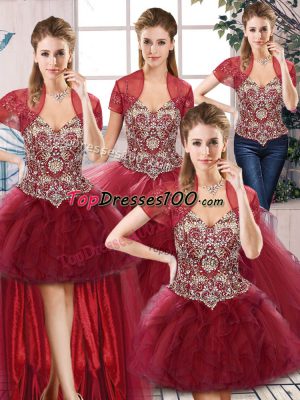 Burgundy Sleeveless Tulle Lace Up 15th Birthday Dress for Military Ball and Sweet 16 and Quinceanera
