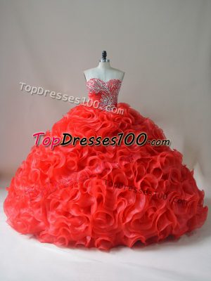 Modern Sweetheart Sleeveless Ball Gown Prom Dress Court Train Beading and Ruffles Red Fabric With Rolling Flowers