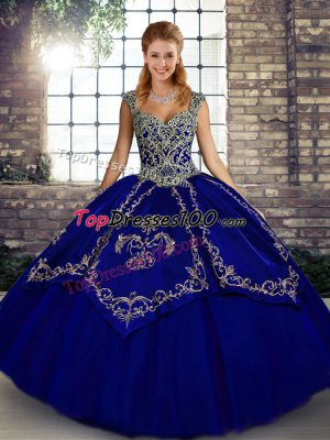 Blue Tulle Lace Up Straps Sleeveless Floor Length Vestidos de Quinceanera Beading and Embroidery