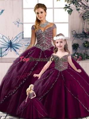 Beautiful Ball Gowns Cap Sleeves Purple Quinceanera Gown Brush Train