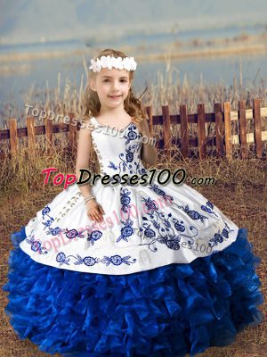 Fantastic Sleeveless Organza Floor Length Lace Up Girls Pageant Dresses in Royal Blue with Embroidery and Ruffles