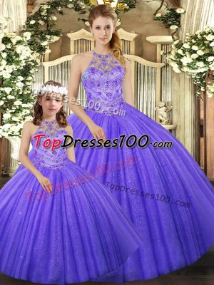 Hot Selling Lavender Ball Gowns Tulle Halter Top Sleeveless Beading Floor Length Lace Up Vestidos de Quinceanera