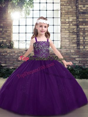 Cute Eggplant Purple Ball Gowns Tulle Straps Sleeveless Beading Floor Length Lace Up High School Pageant Dress