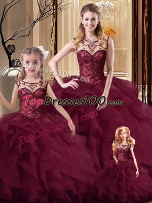 Chic Burgundy Scoop Neckline Beading and Ruffles Sweet 16 Dresses Sleeveless Lace Up