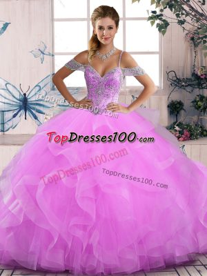 Tulle Off The Shoulder Sleeveless Lace Up Beading and Ruffles Sweet 16 Dress in Lilac