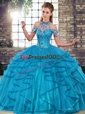 Blue Lace Up Halter Top Beading and Ruffles Vestidos de Quinceanera Tulle Sleeveless