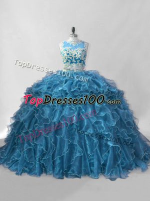Custom Fit Zipper Quinceanera Gowns Blue for Sweet 16 and Quinceanera with Beading and Ruffles Brush Train